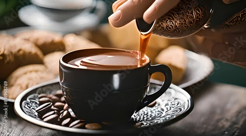 Graceful Pouring of Traditional Turkish Coffee by Woman's Hands.
 photo