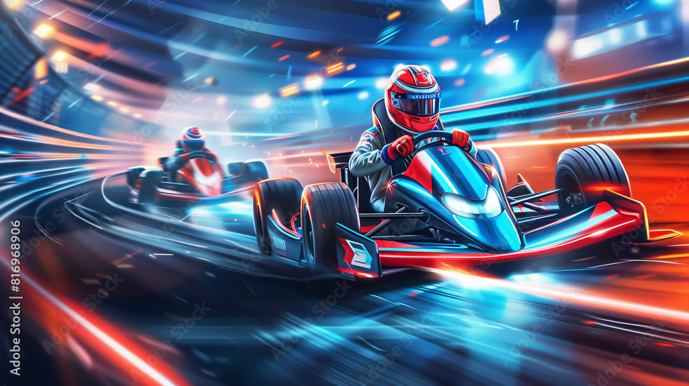 Dynamic racing scene with two go-karts speeding around a track, highlighted by vibrant motion blur and neon lights, illustrating intense competition and fast-paced action. Dynamic racing scene with two go-karts speeding around a track, highlighted by vibrant motion blur and neon lights, illustrating intense competition and fast-paced action.