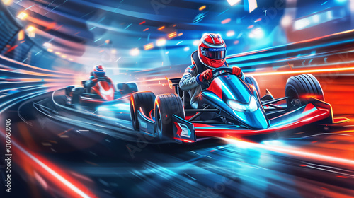 Dynamic racing scene with two go-karts speeding around a track, highlighted by vibrant motion blur and neon lights, illustrating intense competition and fast-paced action.