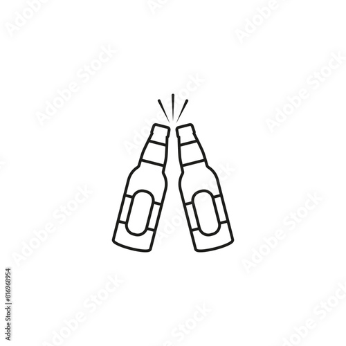 Two beer bottles icon. Clink, cheers and toasting. Vector outline illustration white background.	
