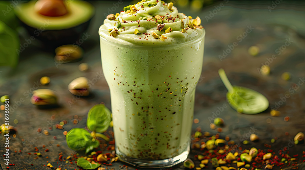 avocado milkshake smoothie in a glass with chunks of fruit , milk drink concept for brochures , menu card , business , cafes and restaurants advertisements Background with copy space, 3d rendering avocado milkshake smoothie in a glass with chunks of fruit , milk drink concept for brochures , menu card , business , cafes and restaurants advertisements Background with copy space, 3d rendering
