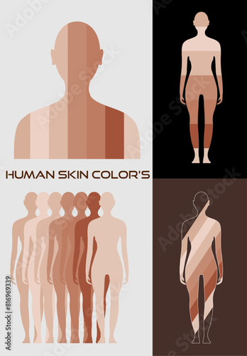 Human skin color tones, range from the darkest brown to the lightest hues, caused by chromophores, carotenoids, texture palette with Female, women body shape, multiculturalism,different nationalities,