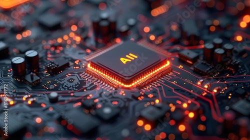 Close-up view of a cutting-edge AI microchip in the center of a computer motherboard with intricate circuits and vibrant orange lighting
