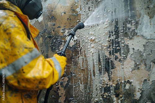 In a professional scene post-flood, a person in protective gear diligently cleans a muddy and debris-filled house, scrubbing the floor with heavy-duty tools to restore cleanliness and order photo