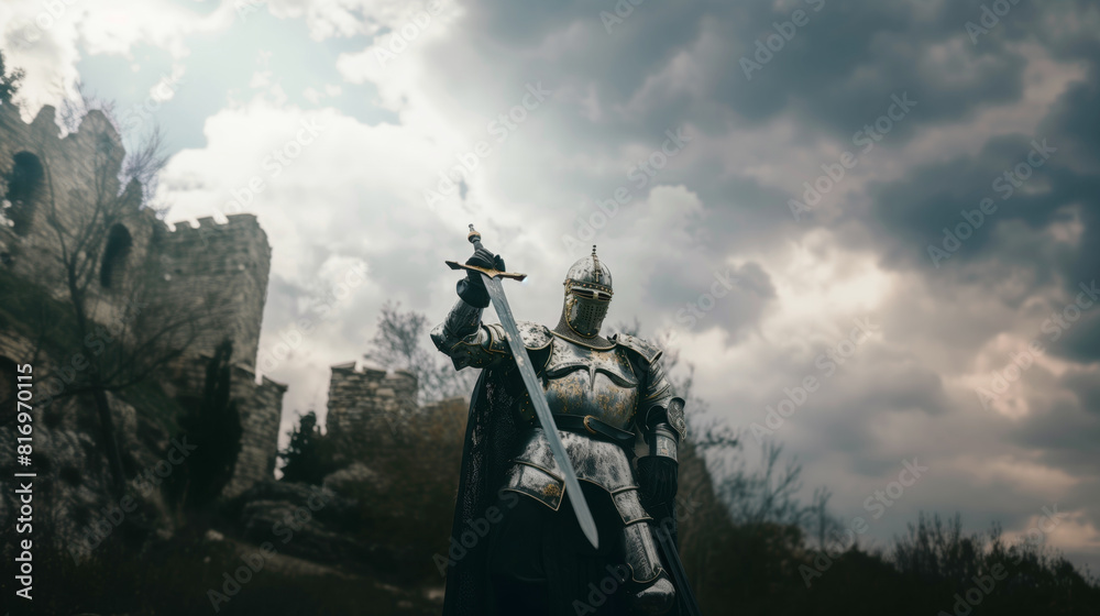 A medieval knight in full armor stands wielding a sword in front of an ancient stone castle. The overcast sky adds a dramatic atmosphere to the scene. A medieval knight in full armor stands wielding a sword in front of an ancient stone castle. The overcast sky adds a dramatic atmosphere to the scene.