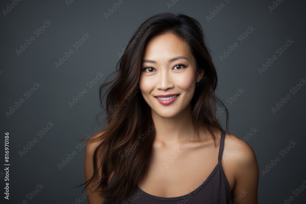 Portrait of a smiling asian woman in her 30s smiling at the camera isolated on soft gray background Portrait of a smiling asian woman in her 30s smiling at the camera isolated on soft gray background