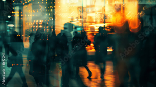 Abstract urban night scene with silhouettes of people walking near illuminated storefronts. The blurred and reflective surfaces create a vibrant  dreamy atmosphere.