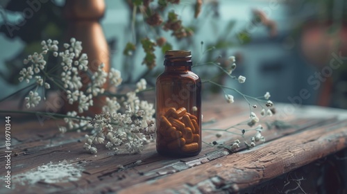 Vintage bottle of pills with flowers and leaves on a wooden table