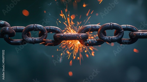Metal chain breaks at the weakest link, with sparks flying