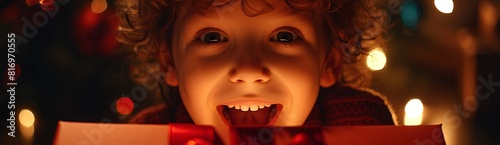 Child face illuminated by the glow of a gift box being opened