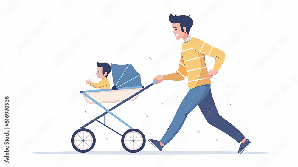 Obraz premium cartoon art of fathers day , a dad and his baby love bonding, stroller or pram ride, day out with dad 