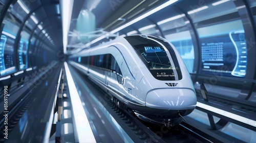 Create an image of an ETCS-equipped high-speed train crossing a futuristic bridge, with control panels displaying interoperability data © songwut