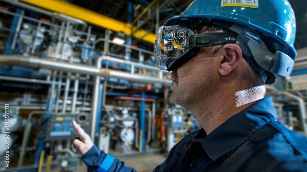 Create an image of augmented reality (AR) providing maintenance assistance, with technicians using AR glasses to access interactive guides Create an image of augmented reality (AR) providing maintenance assistance, with technicians using AR glasses to access interactive guides