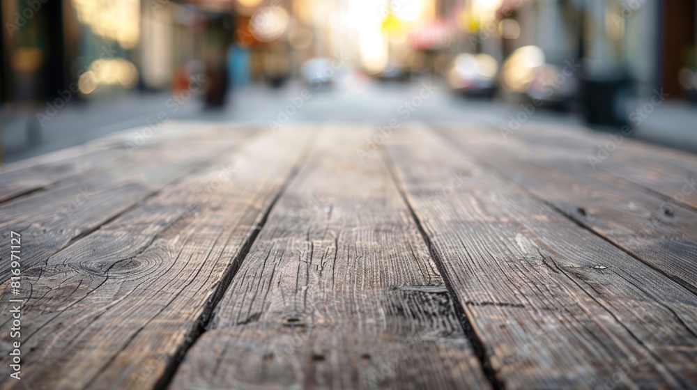 empty, weathered wooden table with a blurred background 