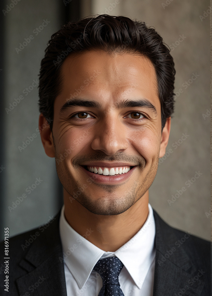 a Latino businessman in a sleek suit, his radiant white smile highlighting his friendly demeanor a Latino businessman in a sleek suit, his radiant white smile highlighting his friendly demeanor