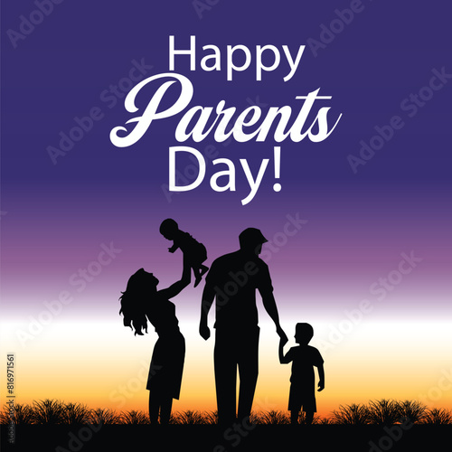 Global Day of Parents. Happy young family outdoors. Dad, mom and two boys on a background of a sun, forest and mountain landscape. A day in nature