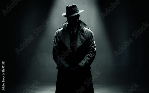 Man with fedora hat and trench coat in the dark, 1950s noir film character. spy, mysterious man or anonymous concept.