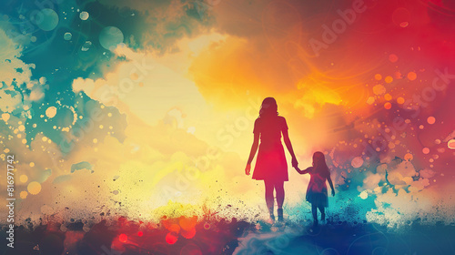 watercolor art silhouette of mother and baby shadow art , love bonding , mothers day, parents day, space for text , can be used for cards, portraits, banners, wallpaper, t shirt prints  photo