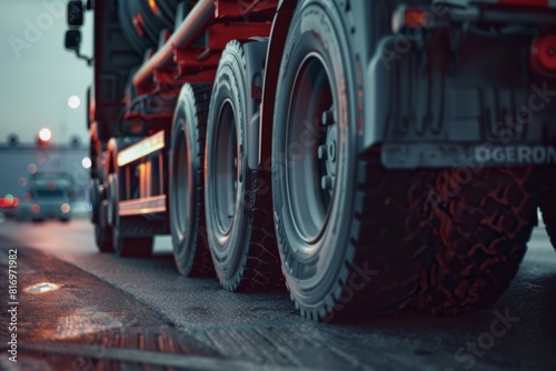 Close-Up View of a Cargo Lorrys Wheels in Motion on a Wet Road