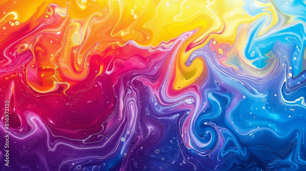 Colorful liquid paint background, colorful swirls and waves of fluid acrylic art print, psychedelic background.