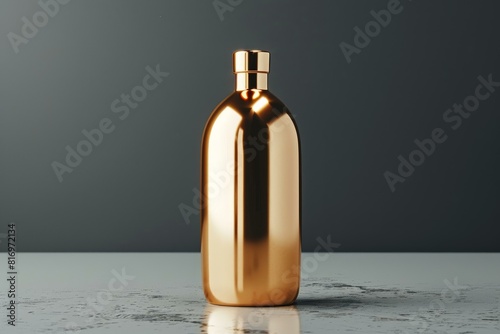 Luxurious goldcolored fragrance bottle showcased on a marble surface against a dark backdrop photo