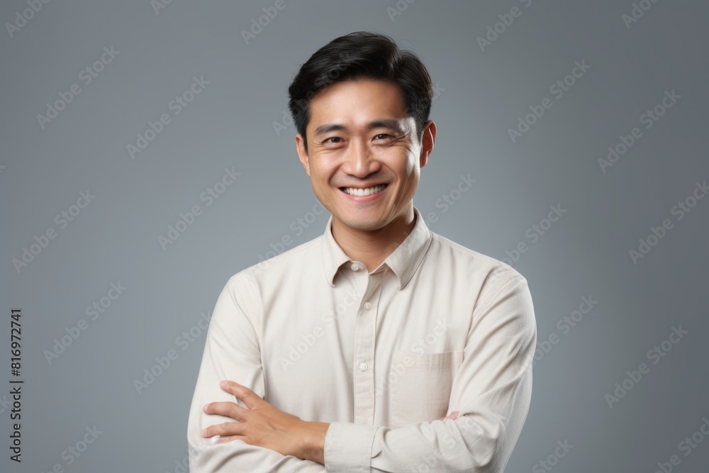 Portrait of a smiling asian man in his 30s showing a thumb up isolated in soft gray background Portrait of a smiling asian man in his 30s showing a thumb up isolated in soft gray background