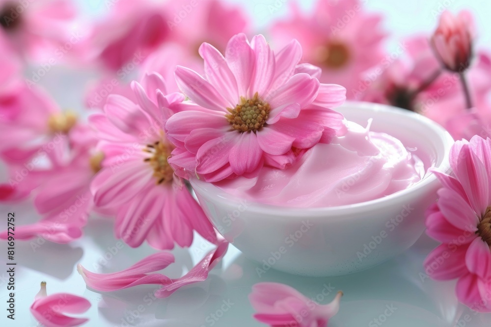 Delicate daisies around a bowl of pink cream on a tranquil blue background Delicate daisies around a bowl of pink cream on a tranquil blue background