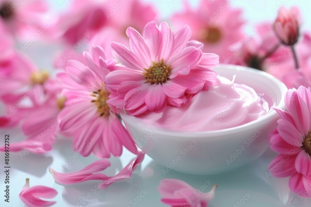 Delicate daisies around a bowl of pink cream on a tranquil blue background