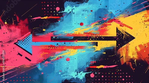 A visual representation of a contradiction with opposing arrows, abstract, vector art, bold colors, conceptual and striking