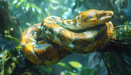 A snake coiled around a branch in a tropical jungle, realistic, highresolution, vibrant colors, detailed and lifelike