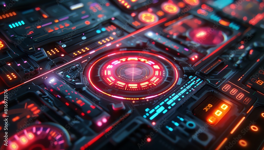A user interface with sleek, modern design and holographic elements, futuristic, digital art, neon colors, innovative and intuitive