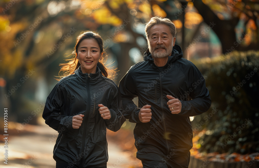A mid-aged affluent couple dressed in sportswear, jogging together on a crisp morning, radiating vitality and wellness as they pursue their fitness goals in style A mid-aged affluent couple dressed in sportswear, jogging together on a crisp morning, radiating vitality and wellness as they pursue their fitness goals in style