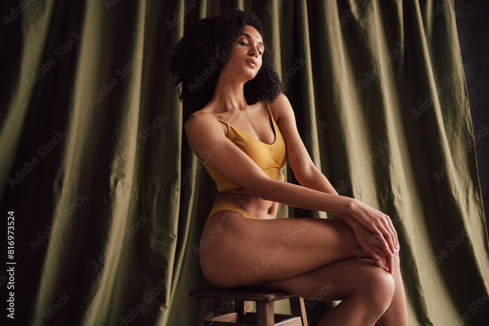 Unretouched portrait of gorgeous model girl sitting chair studio khaki curtain background Unretouched portrait of gorgeous model girl sitting chair studio khaki curtain background
