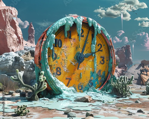 A clock showing half past three with surreal melting elements, Daliinspired, surrealism, digital painting, dreamlike photo