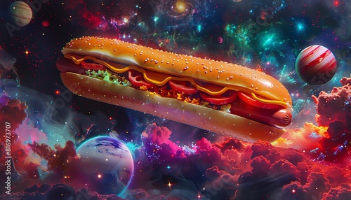 A giant hotdog floating in space, surrounded by stars and planets, surreal, neon, digital art, humorous and whimsical