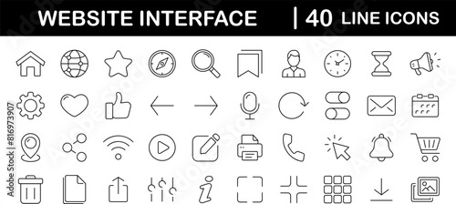 Website Interface set of web icons in line style. Basic UI/UX icons for web and mobile app. Containing user interface, web page, mobile app, web interface, development and more