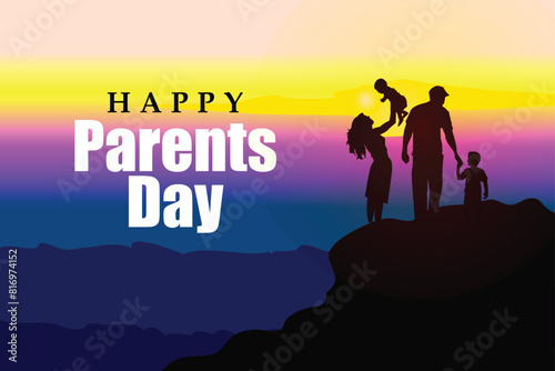 Global Day of Parents. Happy young family outdoors. Dad, mom and two boys on a background of a sun, forest and mountain landscape. A day in nature