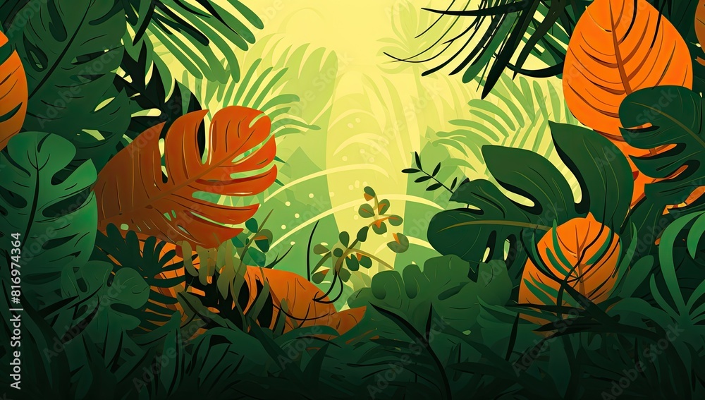 Naklejka premium A vibrant picture featuring leaves and flowers set against a vivid yellow backdrop.