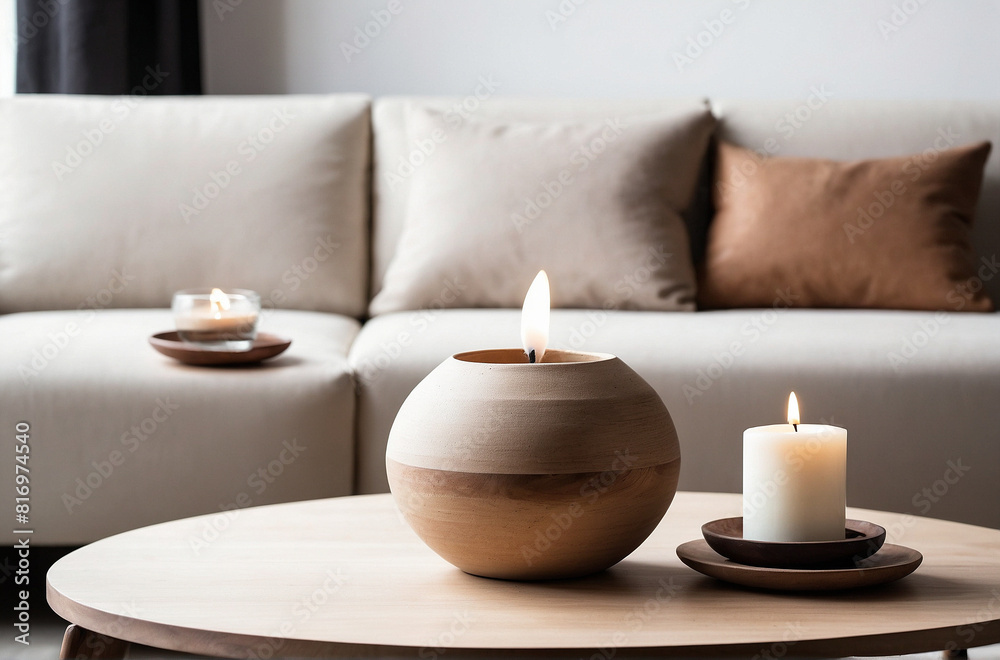 Minimalist Wooden Coffee Table with Clay Vase and Candles in Modern Living Room Minimalist Wooden Coffee Table with Clay Vase and Candles in Modern Living Room