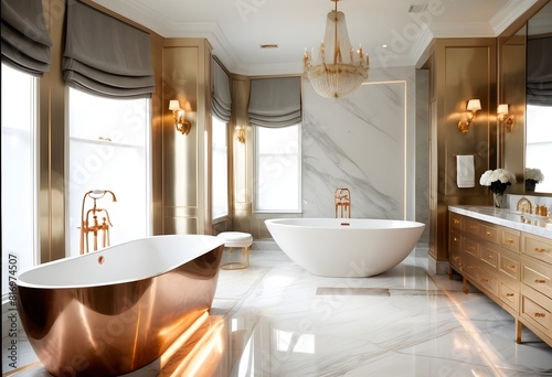 Large Bathroom in Luxury Home with marble and royal work and warm lighting along different matellic colours paint on the walls view from the window of evening