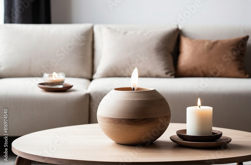 Minimalist Wooden Coffee Table with Clay Vase and Candles in Modern Living Room