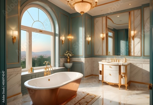 Large Bathroom in Luxury Home with marble and royal work and warm lighting along different matellic colours paint on the walls view from the window of evening