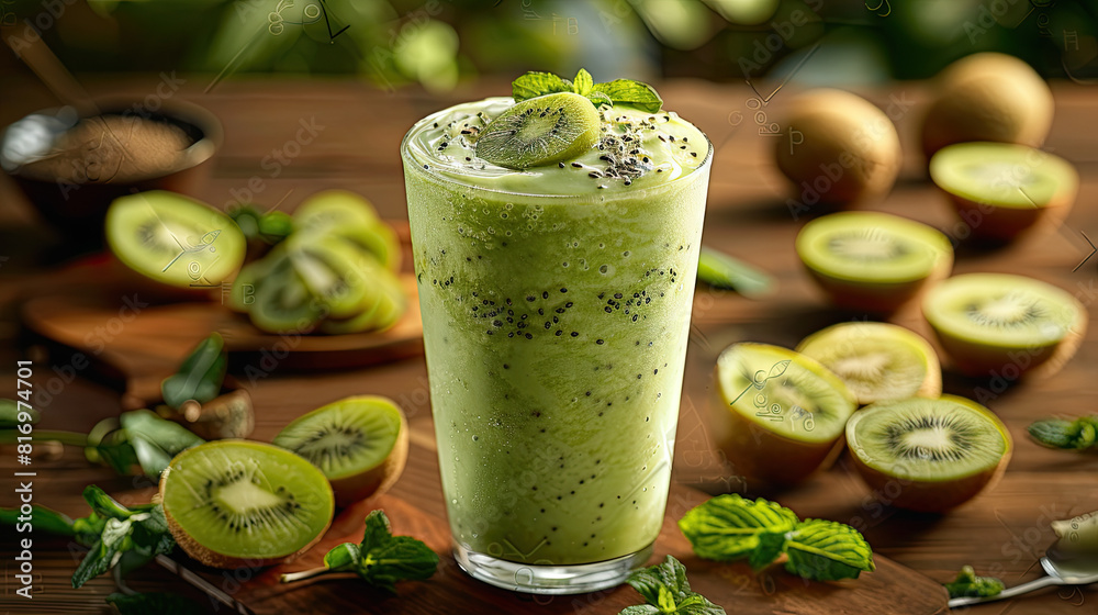 kiwi milkshake smoothie in a glass with chunks of fruit , milk drink concept for brochures , menu card , business , cafes and restaurants advertisements Background with copy space, 3d rendering kiwi milkshake smoothie in a glass with chunks of fruit , milk drink concept for brochures , menu card , business , cafes and restaurants advertisements Background with copy space, 3d rendering