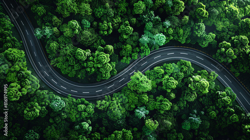 drone view asphalt road in the green forest