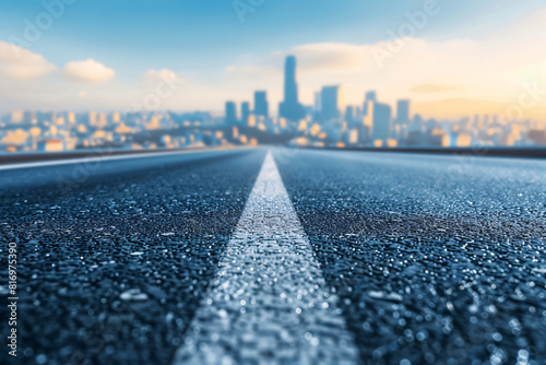Close-up photo of a beautiful road Long to the city and realistic blue sky.