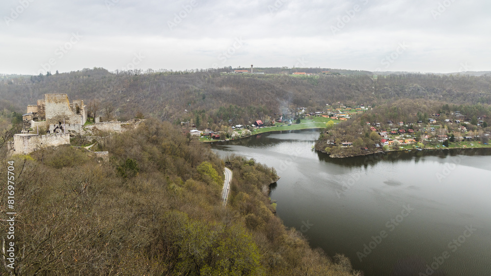 Panoramic view of Cornstejn Castle above The Vranov Reservoir in Znojmo region in South Moravia, Czech Republic, Europe.