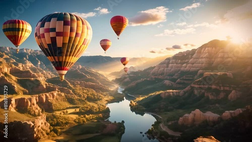 Group of air balloons flying tour over mountains at nature background photo