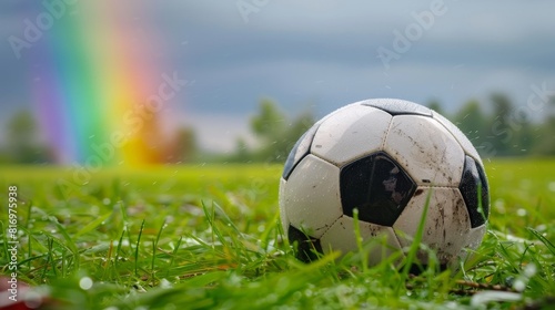 Vintage soccer ball in a summer meadow with a rainbow for sports or nature themed designs © Yusif