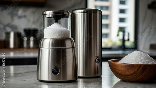 Modern stainless steel salt grinder and sugar dispenser on a kitchen countertop.