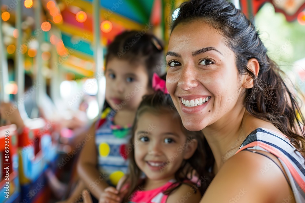 A woman with a joyful expression rides a carousel with her children, enjoying the carousels spinning motion A woman with a joyful expression rides a carousel with her children, enjoying the carousels spinning motion